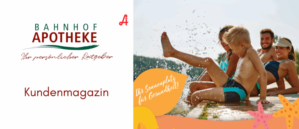 Apotheken Logo mit Text Kundenmagazin und einem sommerlichen Bild einer Familie am Wasser
