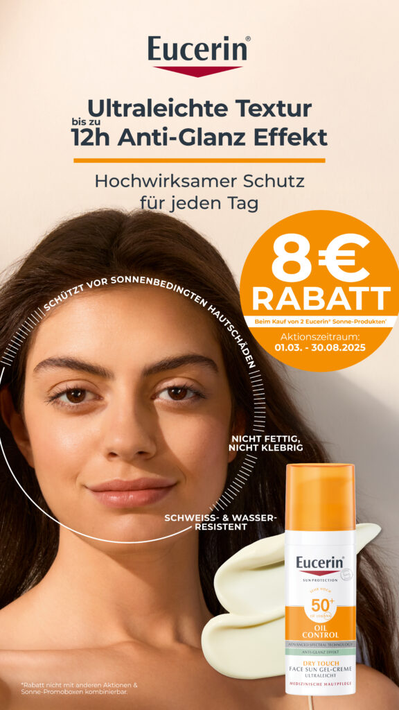 Banner für Hinweis Auf Eucerin Sonnen Aktion 8€ Rabatt beim Kauf von zwei Sonnenprodukten